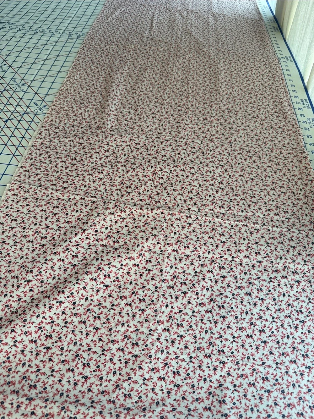 Vintage 1970s Calico Fabric 3 Yards Red Navy Floral Cream Cotton Blend 44”